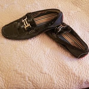 Mens black and red faux croc/gator loafers